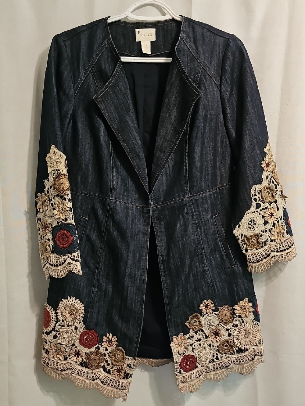 Chico's Dark Blue Denim Jacket with Beige Crochet & Red Rose Embroidery